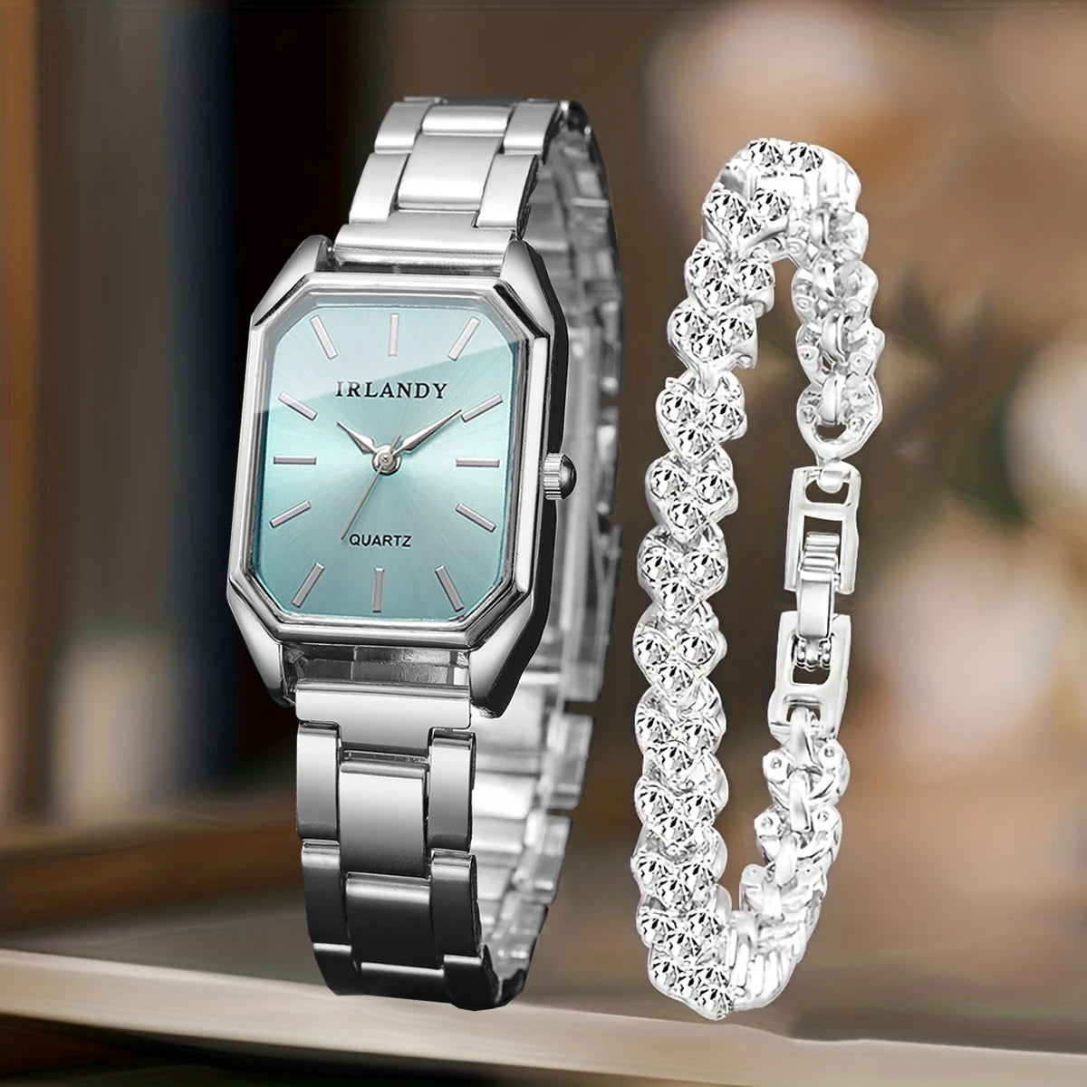 Women's Rectangle Quartz Watch and Rhinestone Bracelet Set — Elegant Jewelry Duo