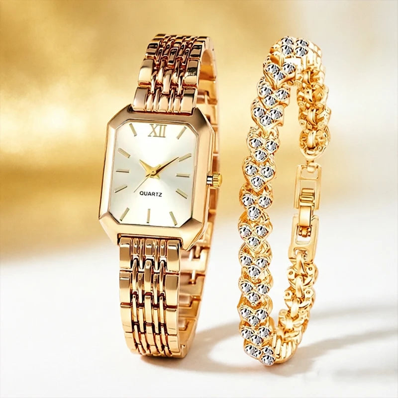 Women's Rectangular Quartz Watch & Bracelet Set — Elegant Fashion Accessory