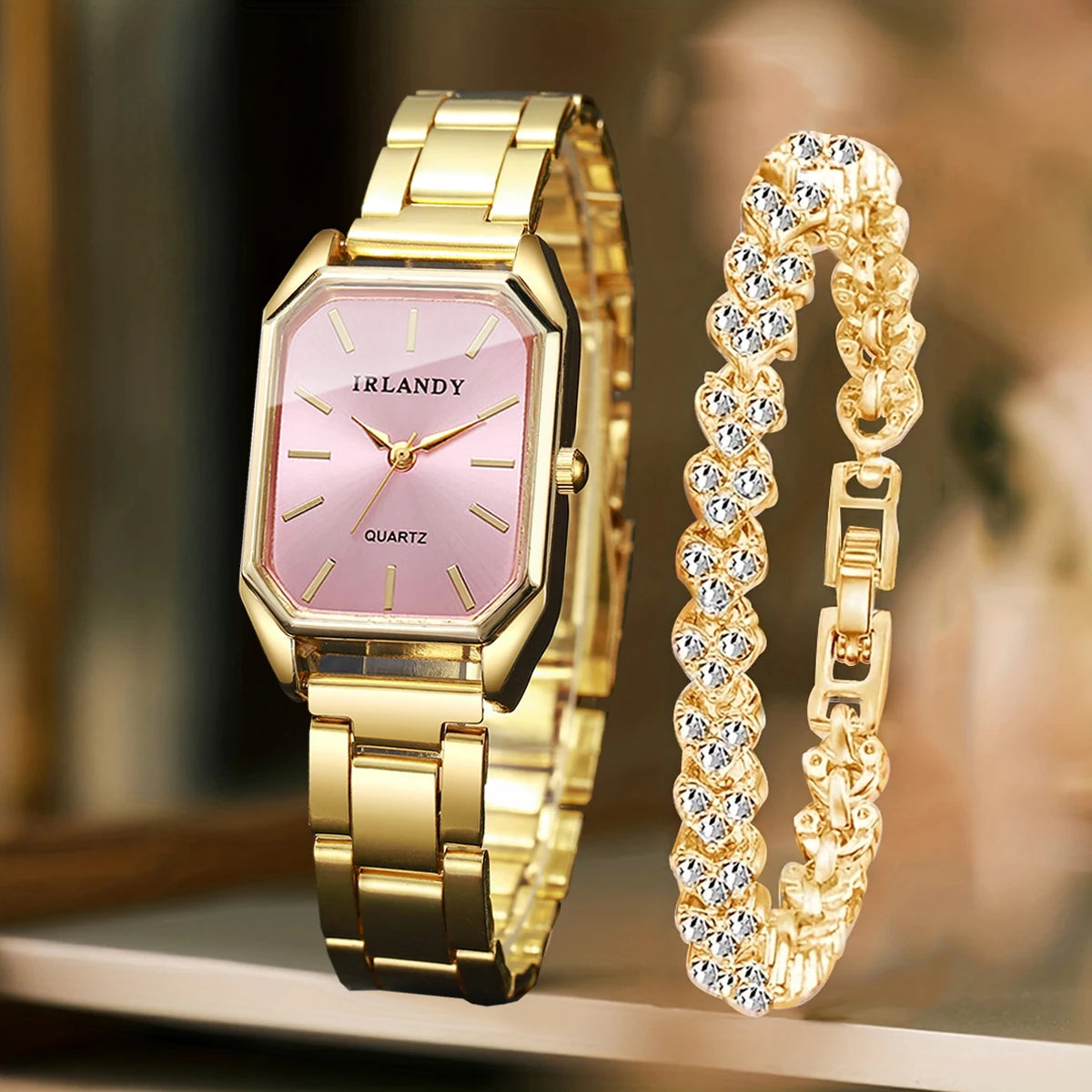 Women's Rectangle Quartz Watch and Rhinestone Bracelet Set — Elegant Jewelry Duo