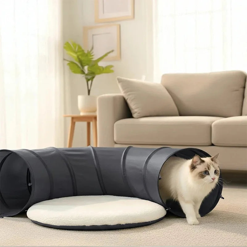 Foldable Cat Tunnel and Cushion Set — Interactive Hide and Seek Pet Toy