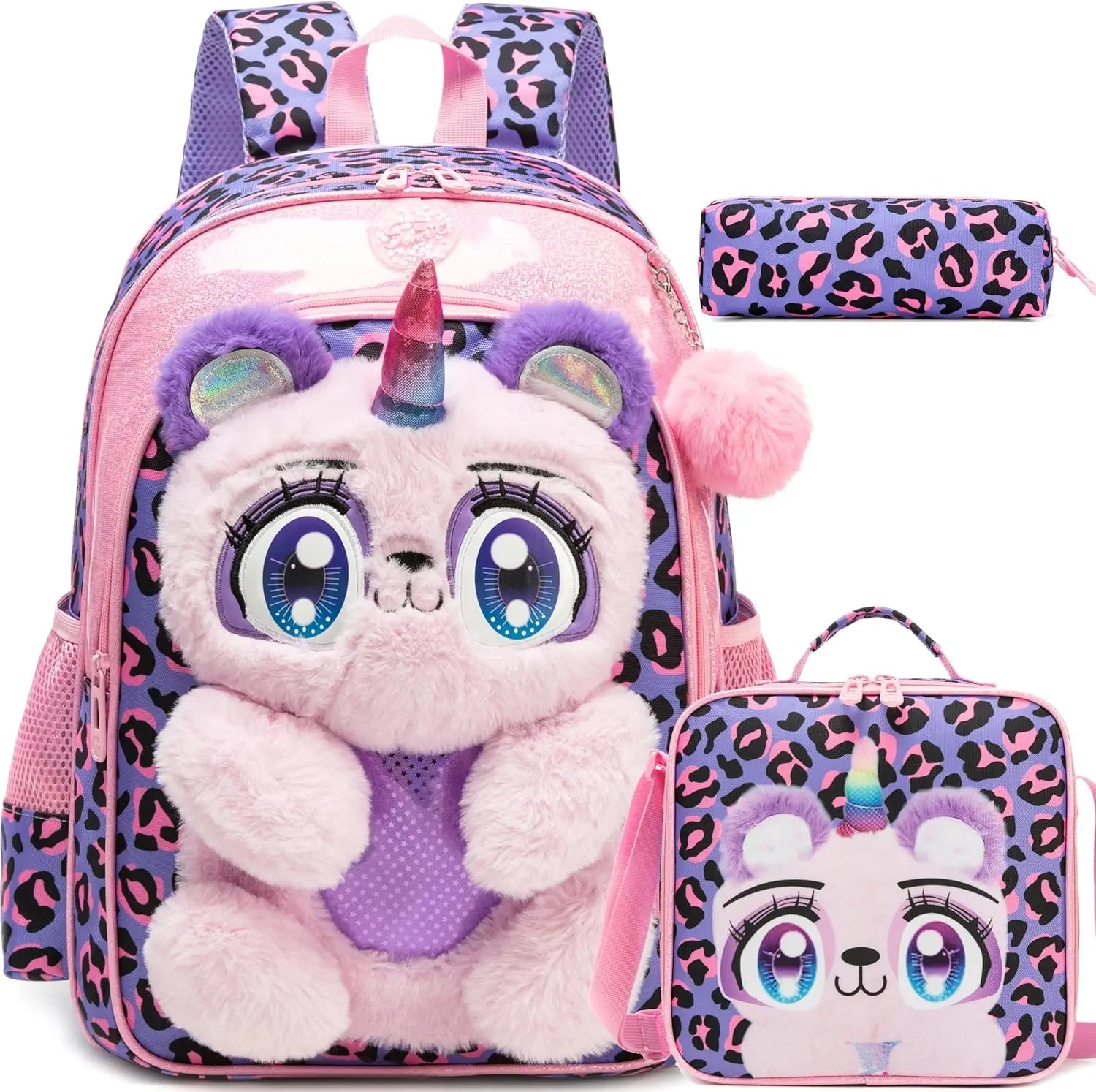 Cute Cartoon Plush Kids Backpack Set — School Bag with Lunch Box and Pencil Case
