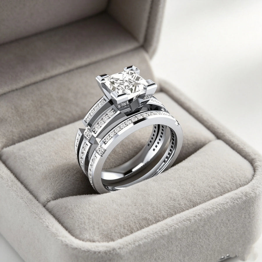 LYEE CYEE Princess Cut Moissanite Bridal Ring Set — Sterling Silver Wedding Bands
