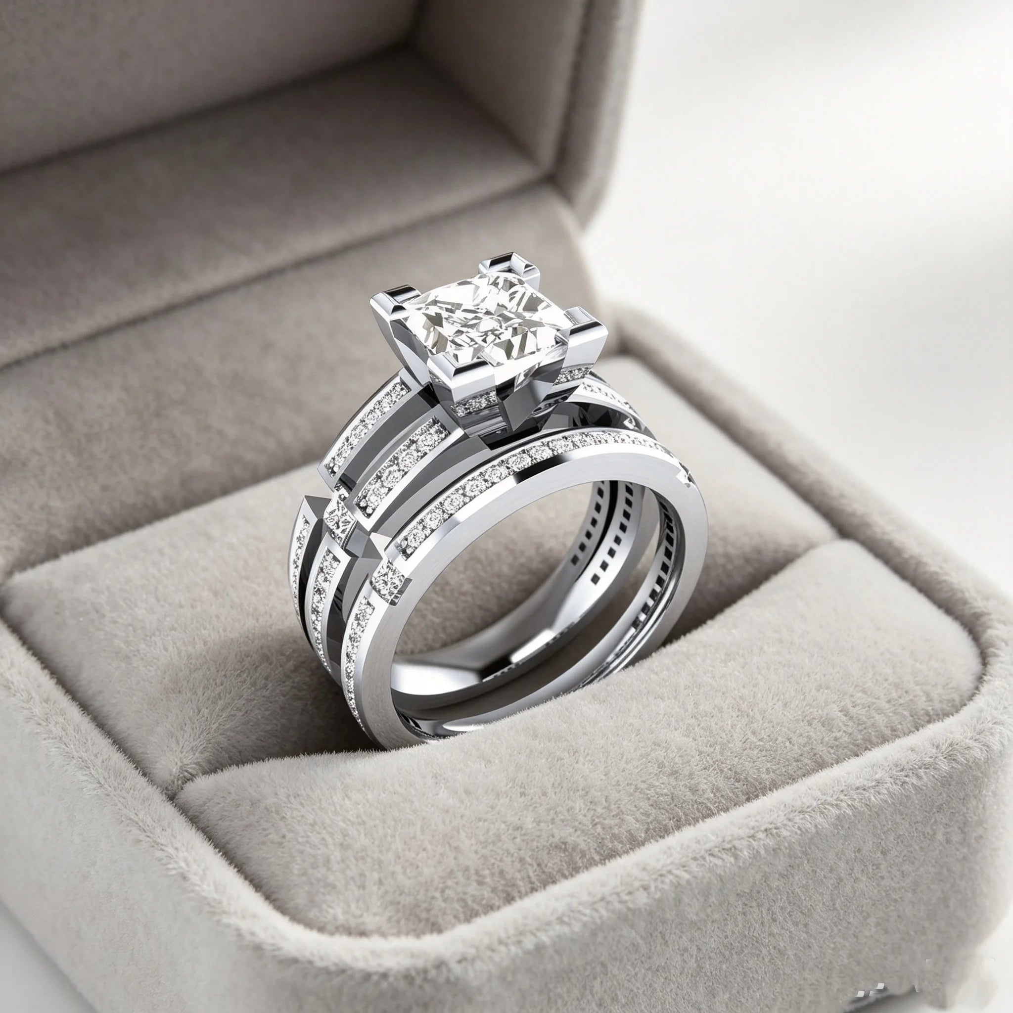 LYEE CYEE Princess Cut Moissanite Bridal Ring Set — Sterling Silver Wedding Bands