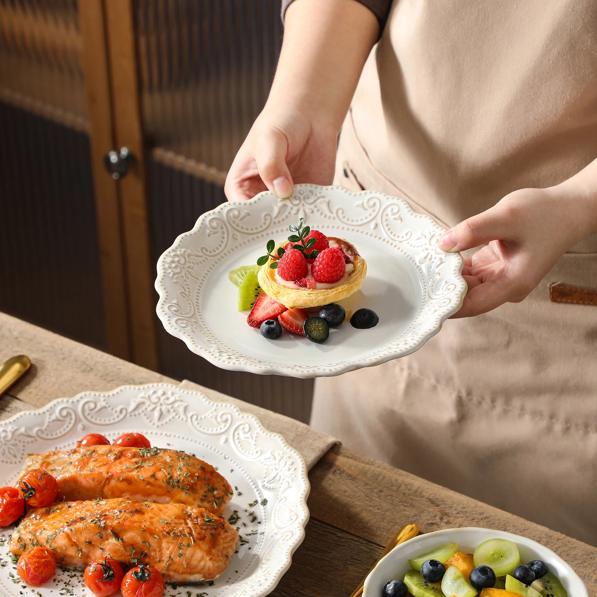 MALACASA White Stoneware Dinnerware Set — Elegant Relief Design Plates & Bowls