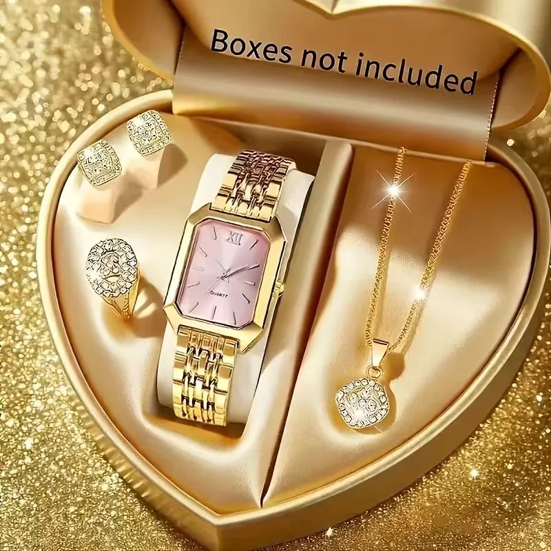 Women's Elegant Rhinestone Jewelry Set — Quartz Watch, Necklace, Ring & Earrings