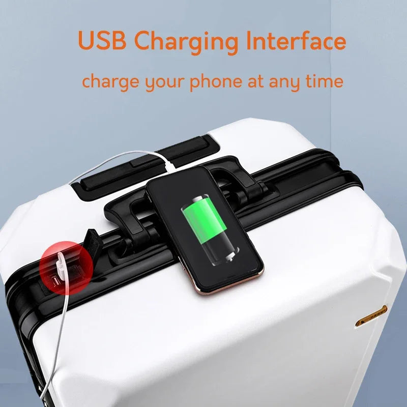 Aluminum Frame Rolling Luggage — USB Charging Suitcase with Password Lock