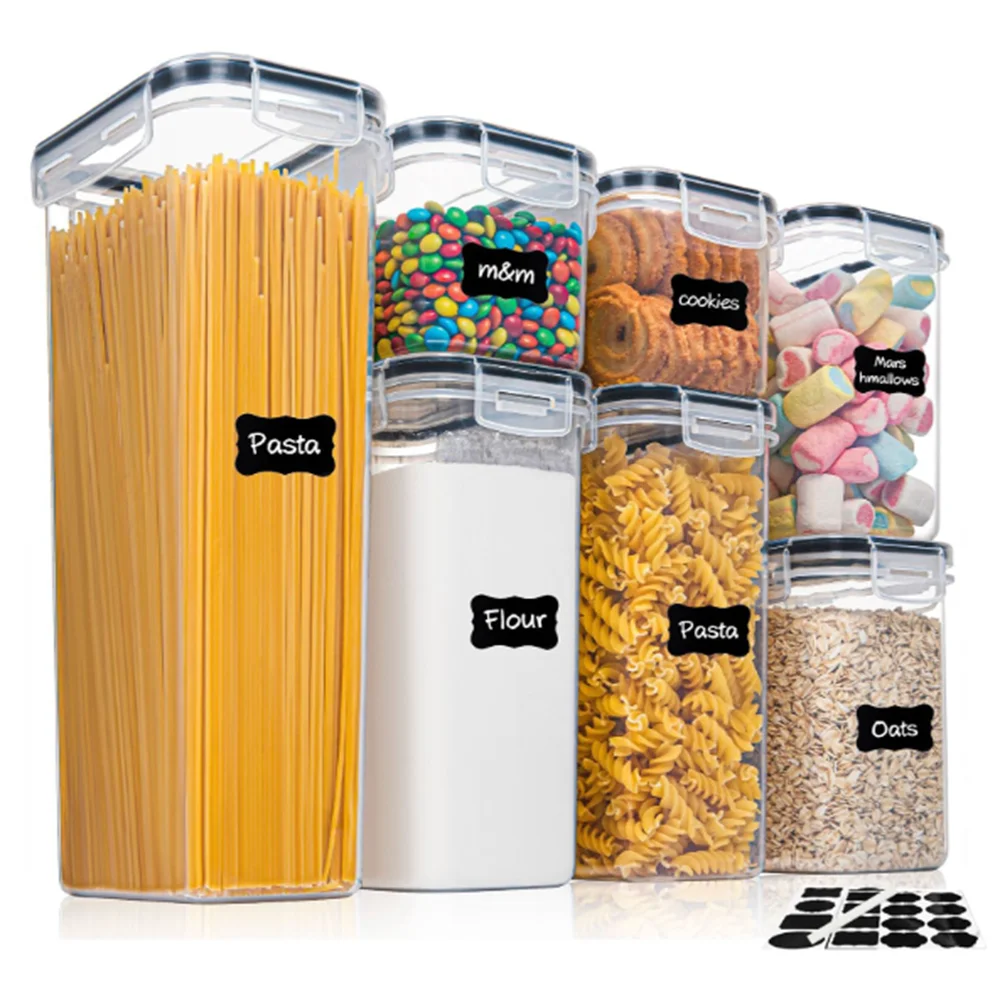 Airtight Food Storage Container Set — 7 Piece Plastic Organizer with Labels