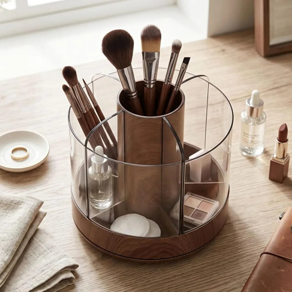 360 Rotating Makeup Organizer — Multi-Compartment Woodgrain Desktop Storage