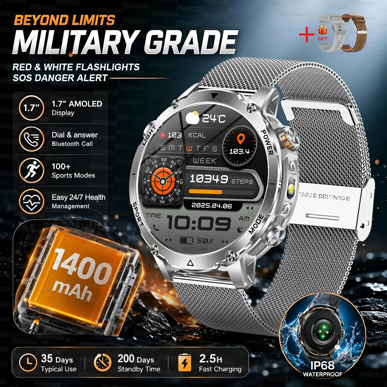 GUHUAVMI Military Smartwatch — 1400mAh Battery with GPS & Flashlight