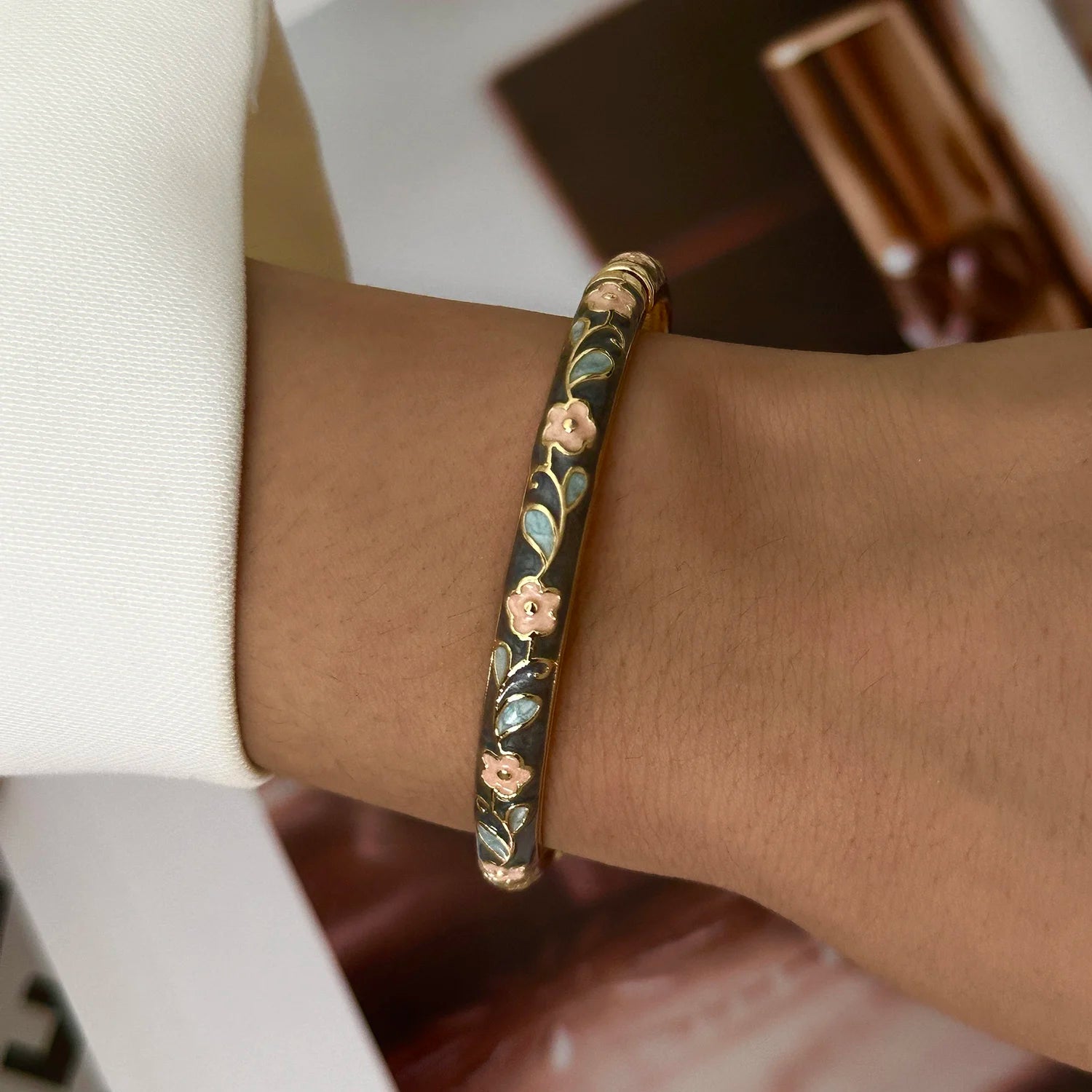 Boho Ethnic Cloisonne Enamel Flower Bracelets — Multicolor Floral Stacking Bangles
