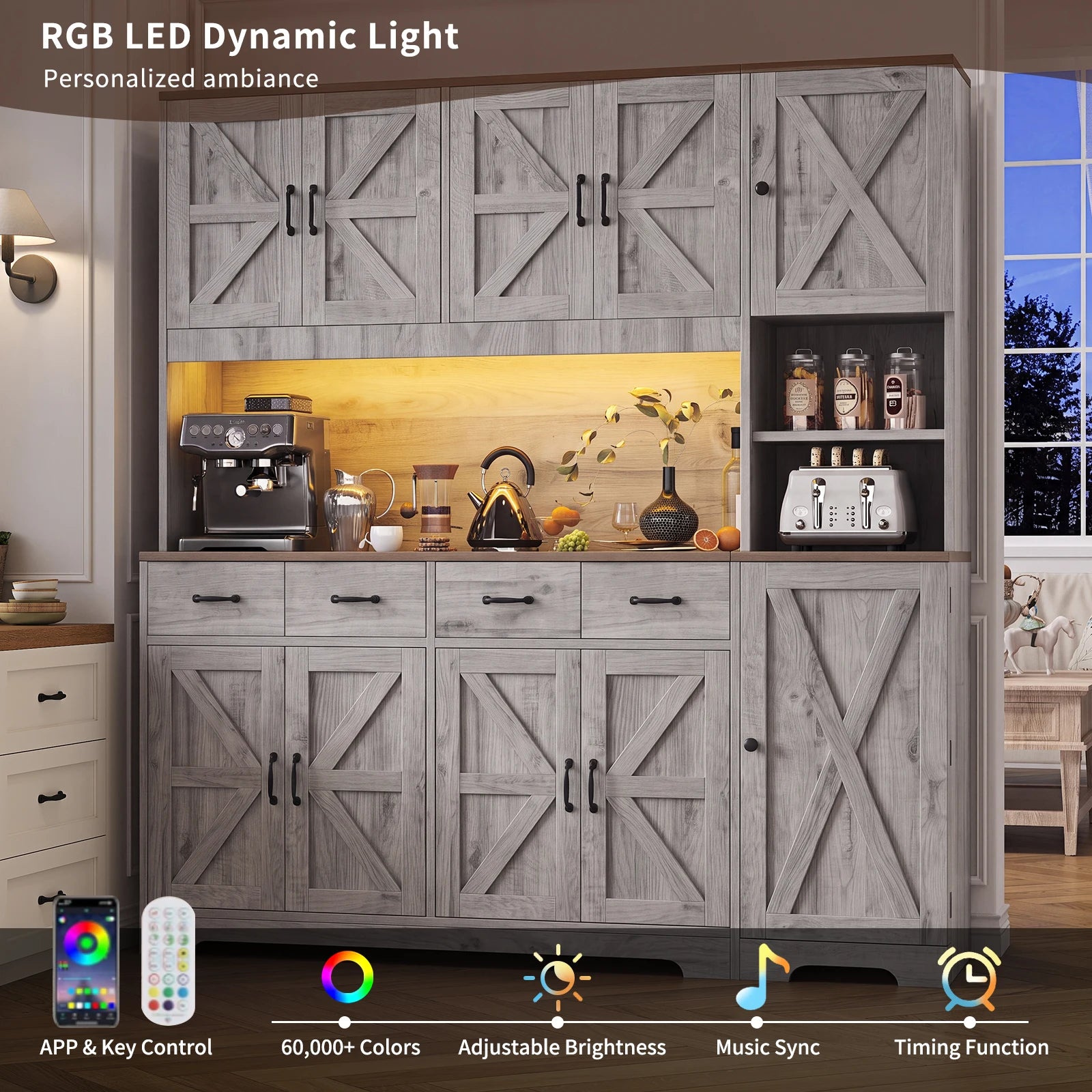 Yanosaku Grey Farmhouse Kitchen Pantry — Slim Storage Cabinet with Charging Station