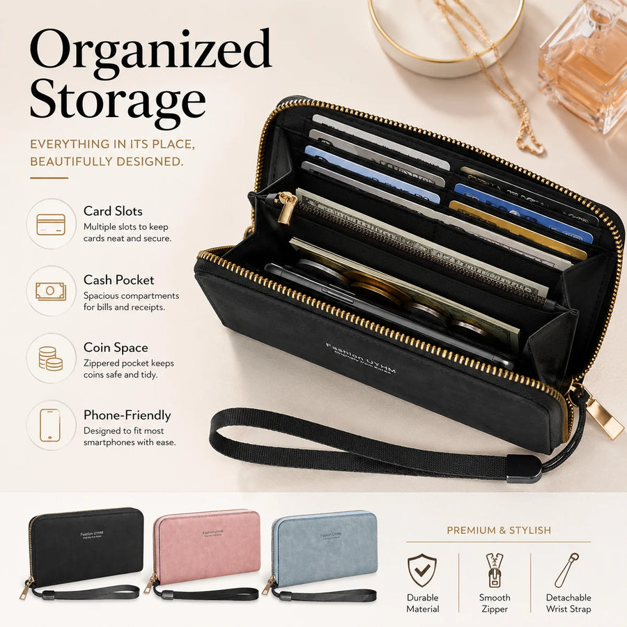 Long Zipper Clutch Wallet — Large Capacity Wristlet Handbag