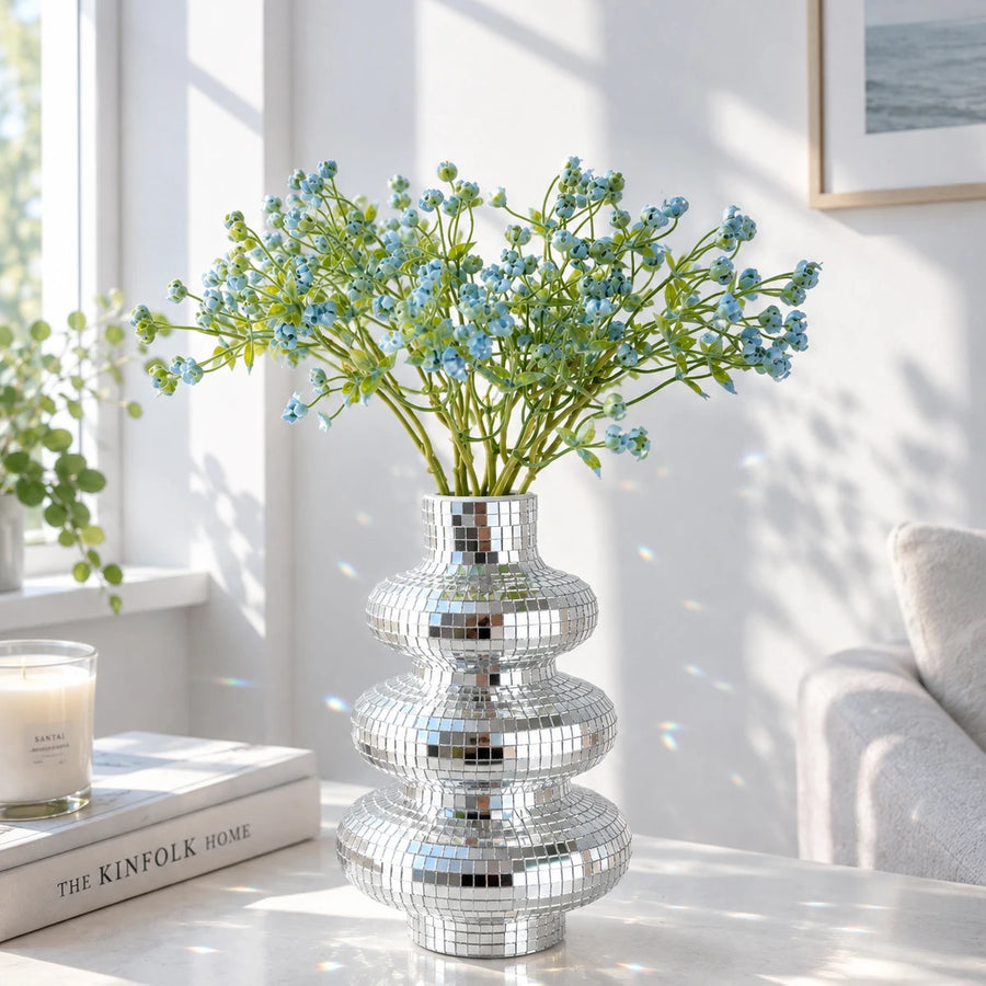 FngJiuyer Tiered Disco Ball Vase — Silver Mirror Mosaic Flower Decor