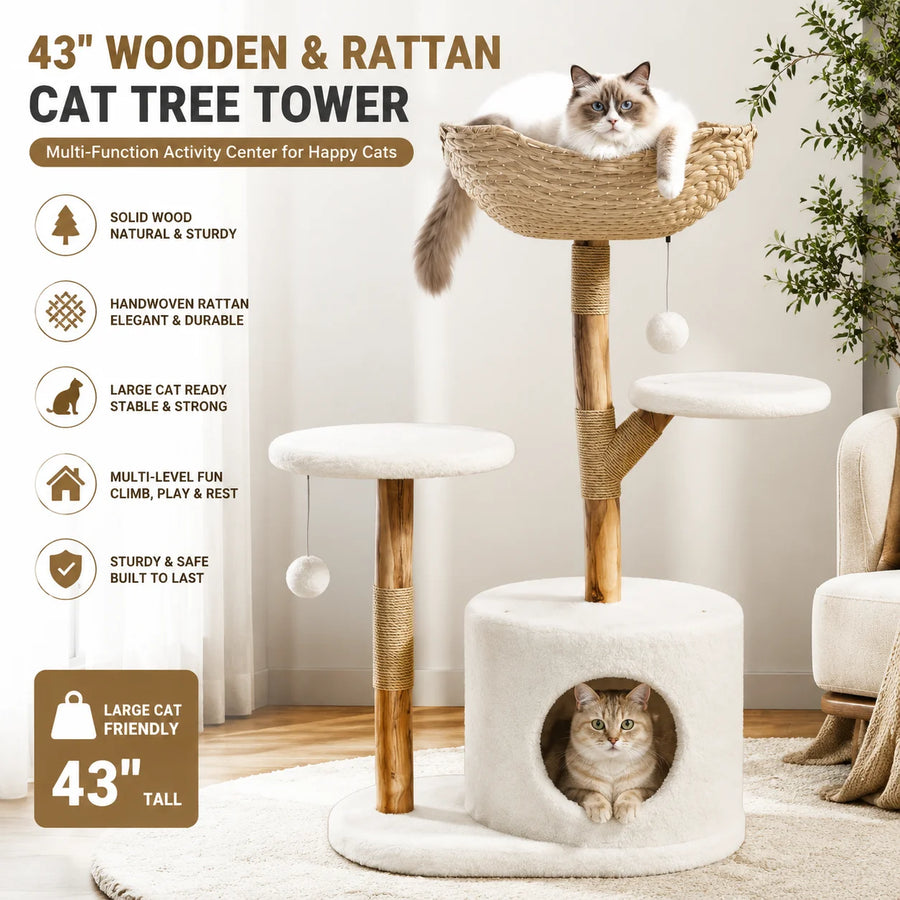Wooden Cat Tree Tower with Rattan — Multi-Level Climbing Activity Center
