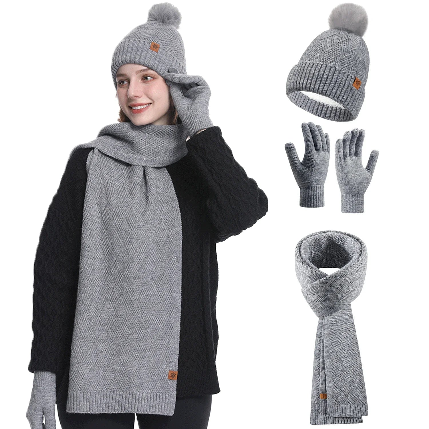 Winter Thermal Accessory Set — Knit Beanie, Scarf & Touchscreen Gloves