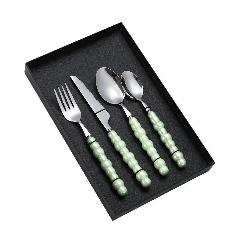 Luxury Ceramic Pearl Handle Cutlery Set — Stainless Steel Spoon and Fork Set