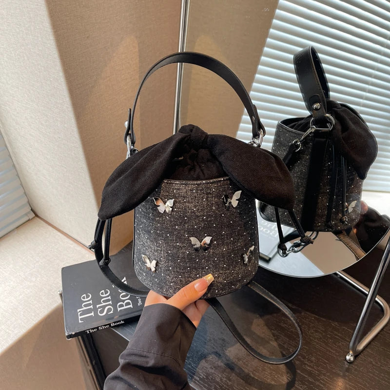 Denim Mini Crossbody Bag — Vintage Butterfly Bucket Handbag