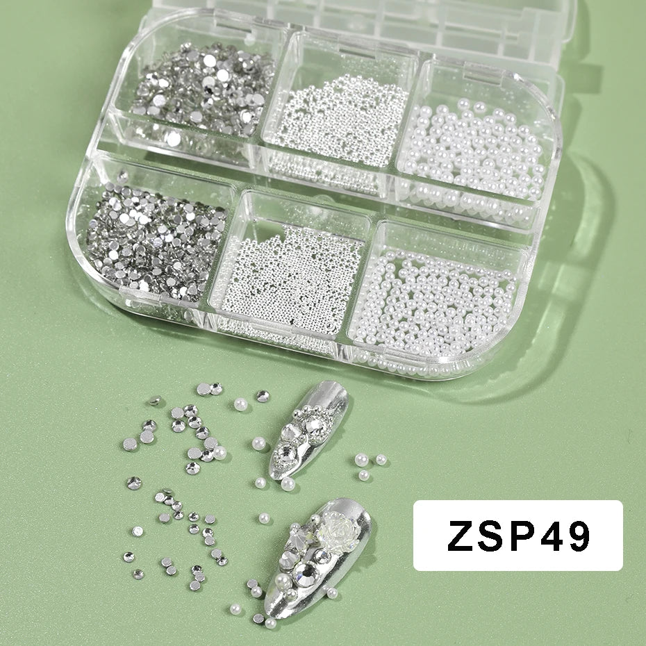 6 Grid Nail Art Rhinestones — White Round Pearl & Steel Bead Decoration