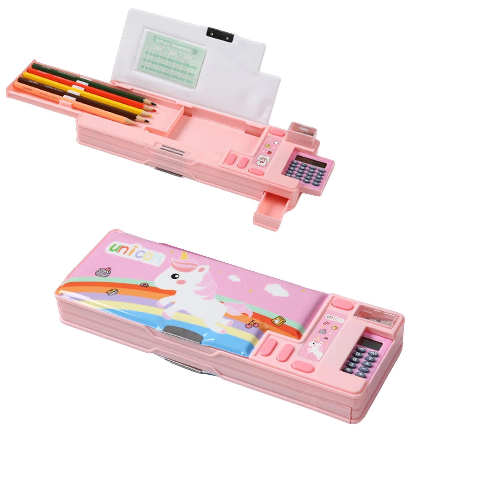 Multifunctional Cartoon Pencil Case — Built-in Calculator & Sharpener