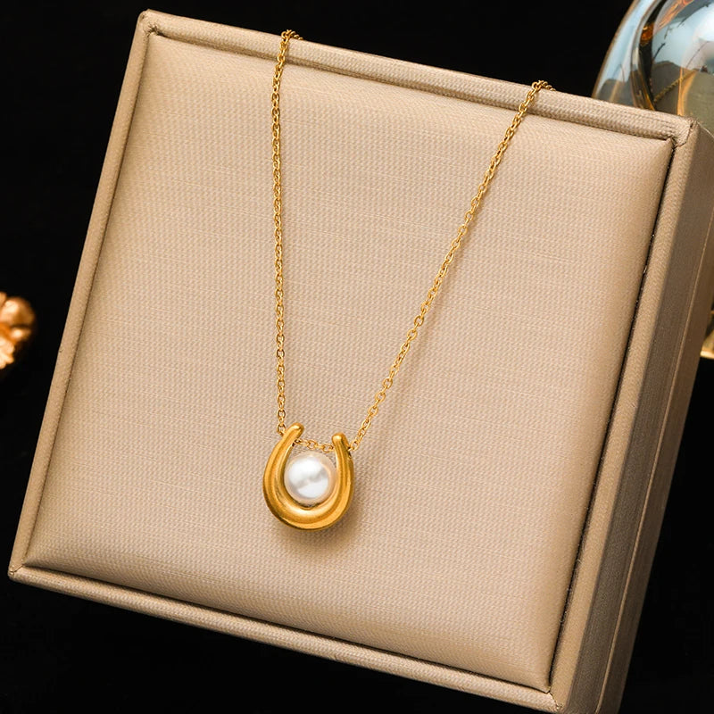 EILIECK Moon Pearl Zircon Puppy Pendant Necklace — Trendy Stainless Steel Jewelry