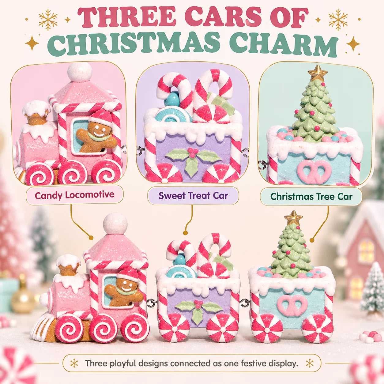 Hodao Gingerbread Christmas Train Set — 3-Piece Sweet-Themed Resin Figurine