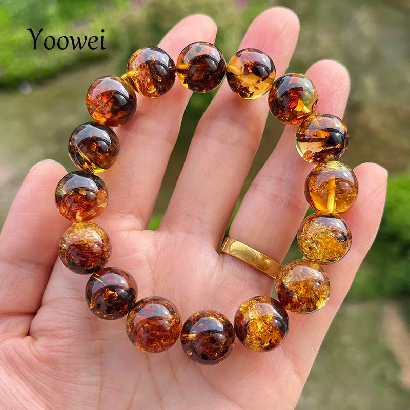 Yoowei Natural Baltic Amber Bracelet — Round Piebald Gemstone Jewelry