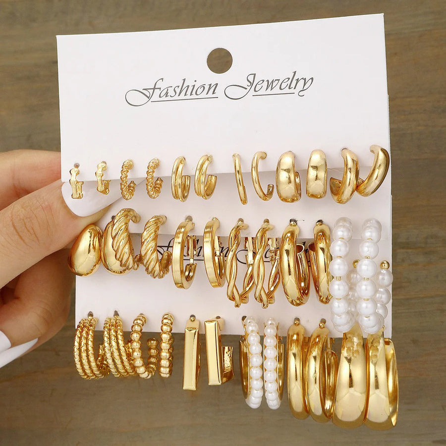 AY Geometric Hoop Earrings Set — Vintage Bohemian Pearl Drop Jewelry