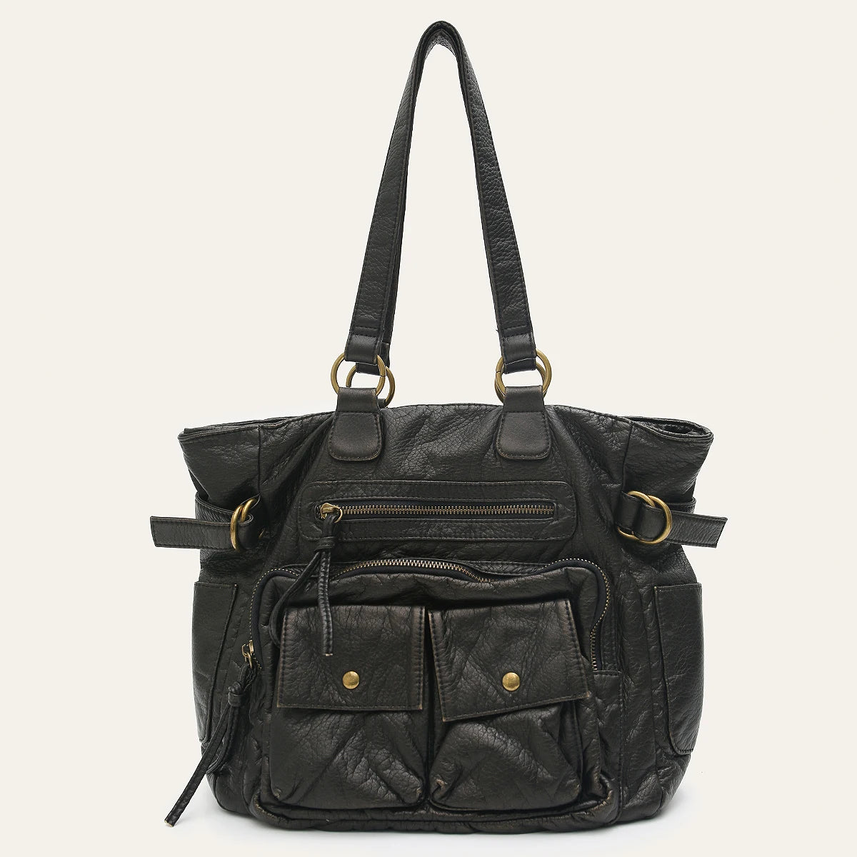 CEZIRA Retro Washed Vegan Leather Tote — Multi-Pocket Shoulder Bag