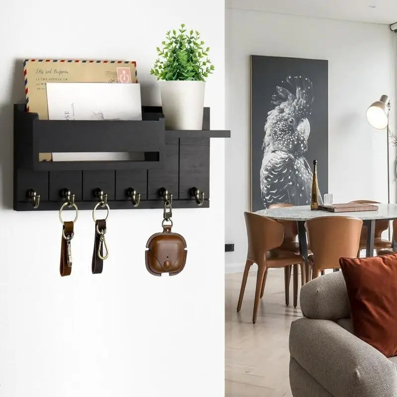 Wooden Wall Mounted Key Holder — Entryway Organizer with Shelf and 6 Hooks