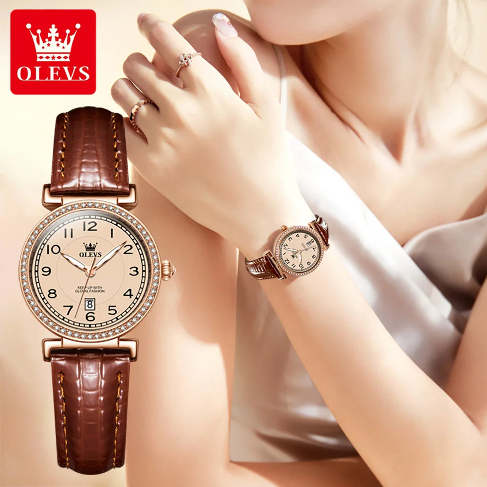 OLEVS 5590 Luxury Women's Watch — Diamond Bezel & Leather Strap
