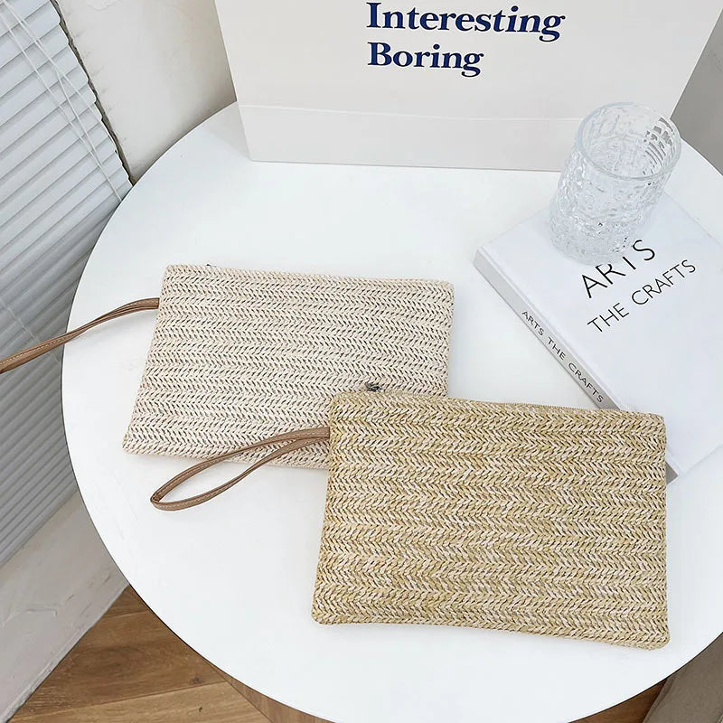 Woven Straw Wristlet Clutch — Bohemian Beach Wallet & Phone Pouch