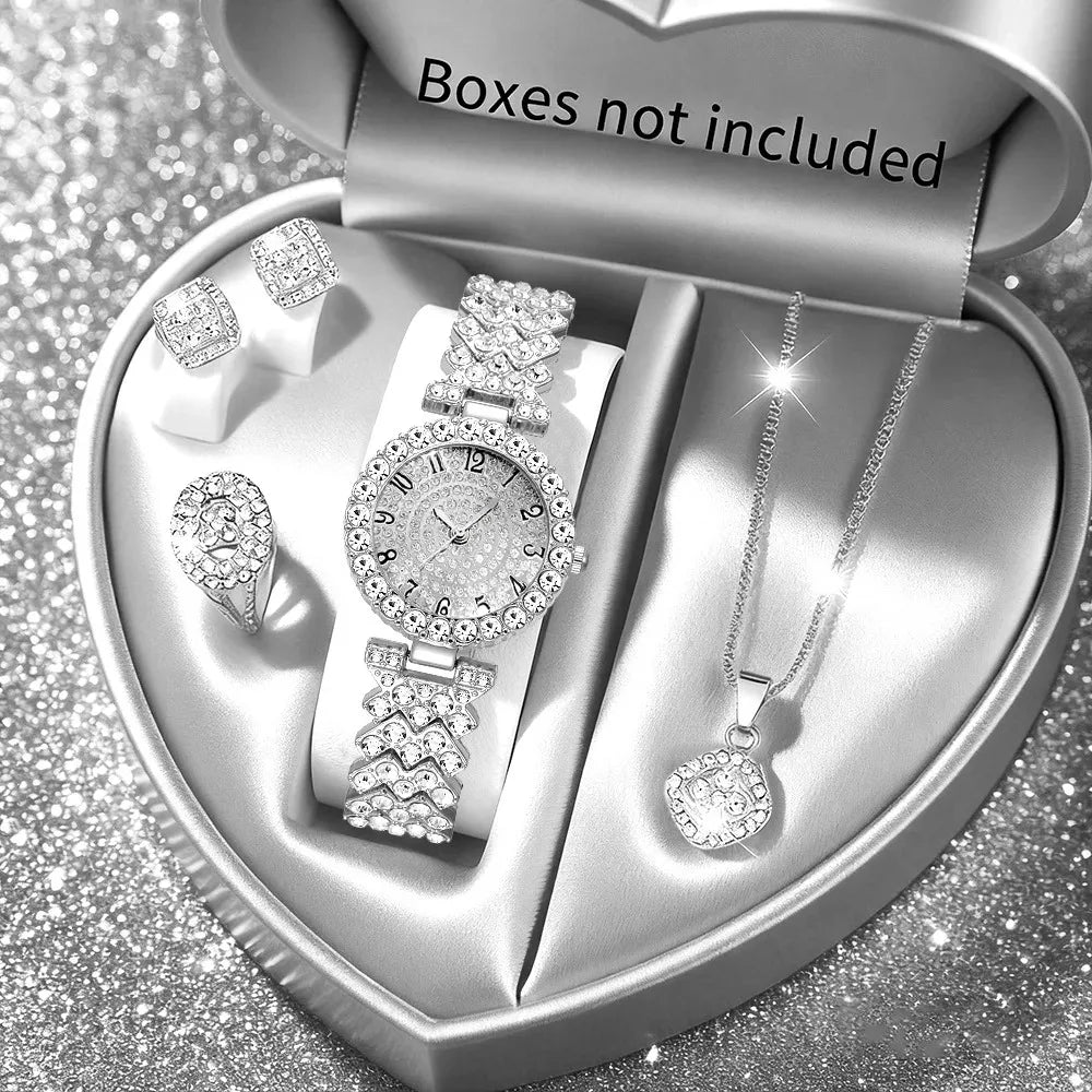 Luxury Rhinestone Jewelry Set — Elegant Quartz Watch & Accessories