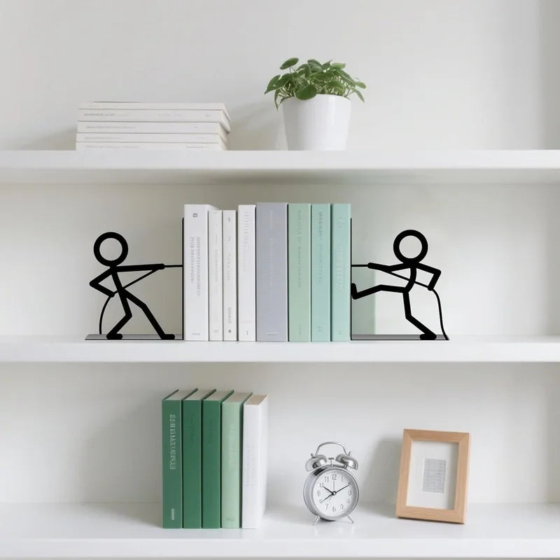 Metal Tug Of War People Bookends — Decorative Shelf Stoppers for Home Office