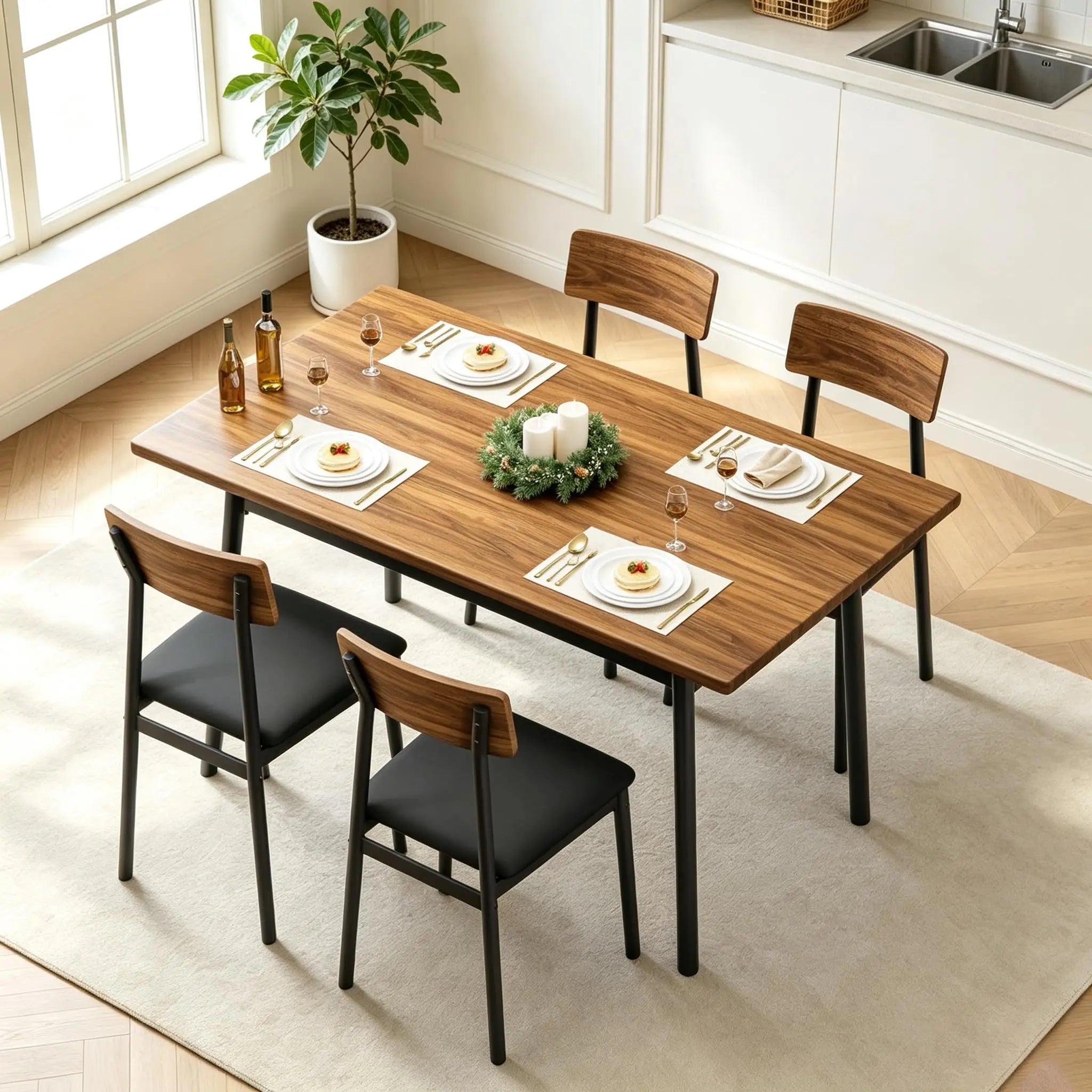 OUTWIND Modern Farmhouse Dining Set — 4-Piece Industrial Wood & Metal Furniture
