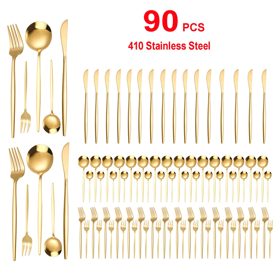 90-Piece Gold Stainless Steel Flatware Set — Heavy Duty Cutlery for Weddings & Buffets