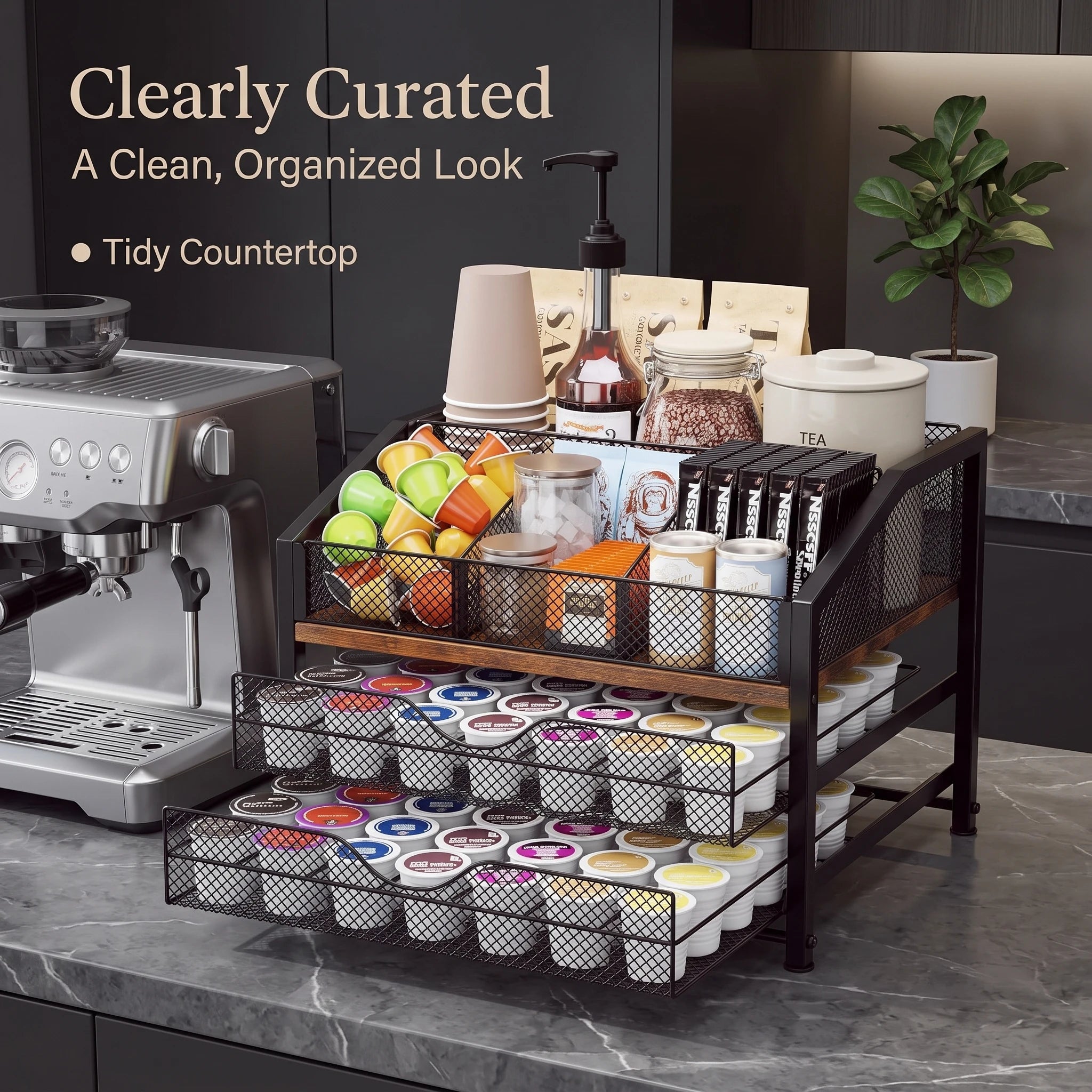 Coffee Bar Organizer — Metal and Wood Station for Countertop
