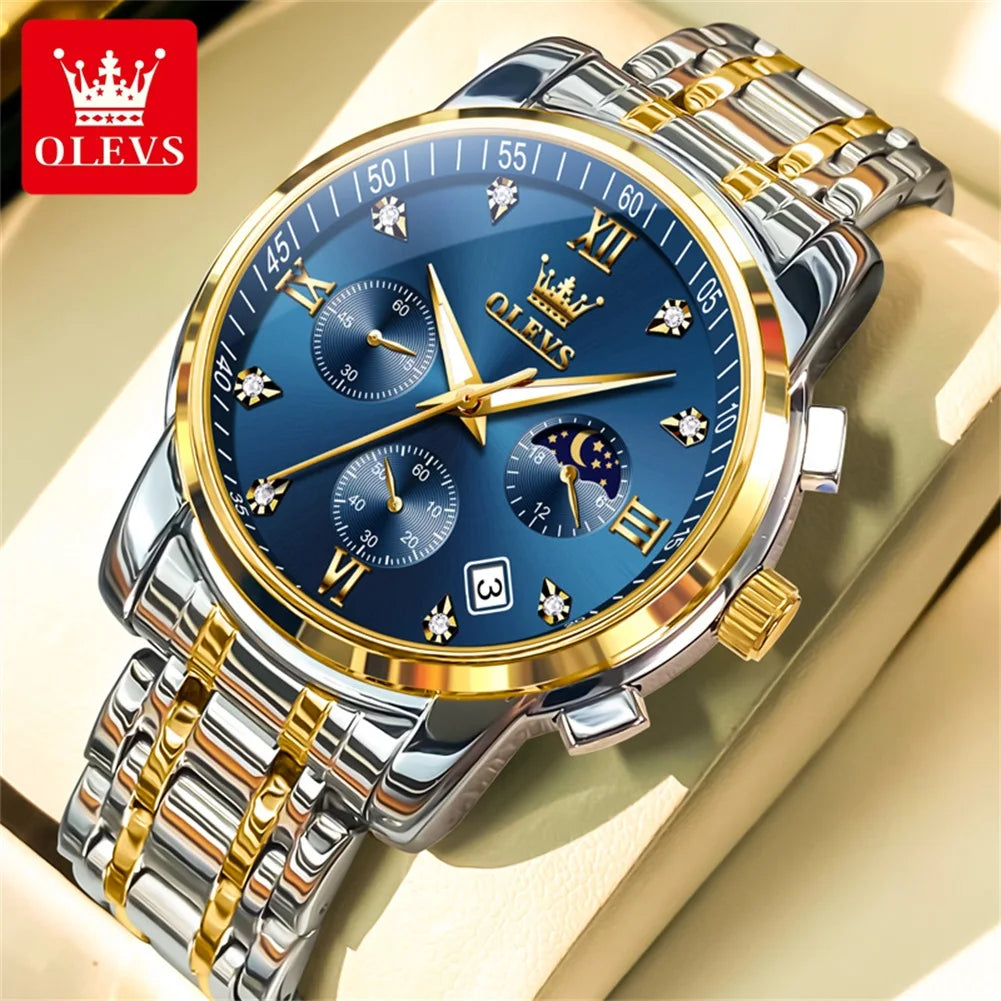 OLEVS 2858 Men's Luxury Watch — Stainless Steel Moon Phase Chronograph