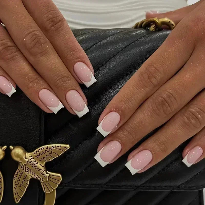 Qsezeny French Tip Press On Nails — Short Coffin Style Frosted Fake Nails