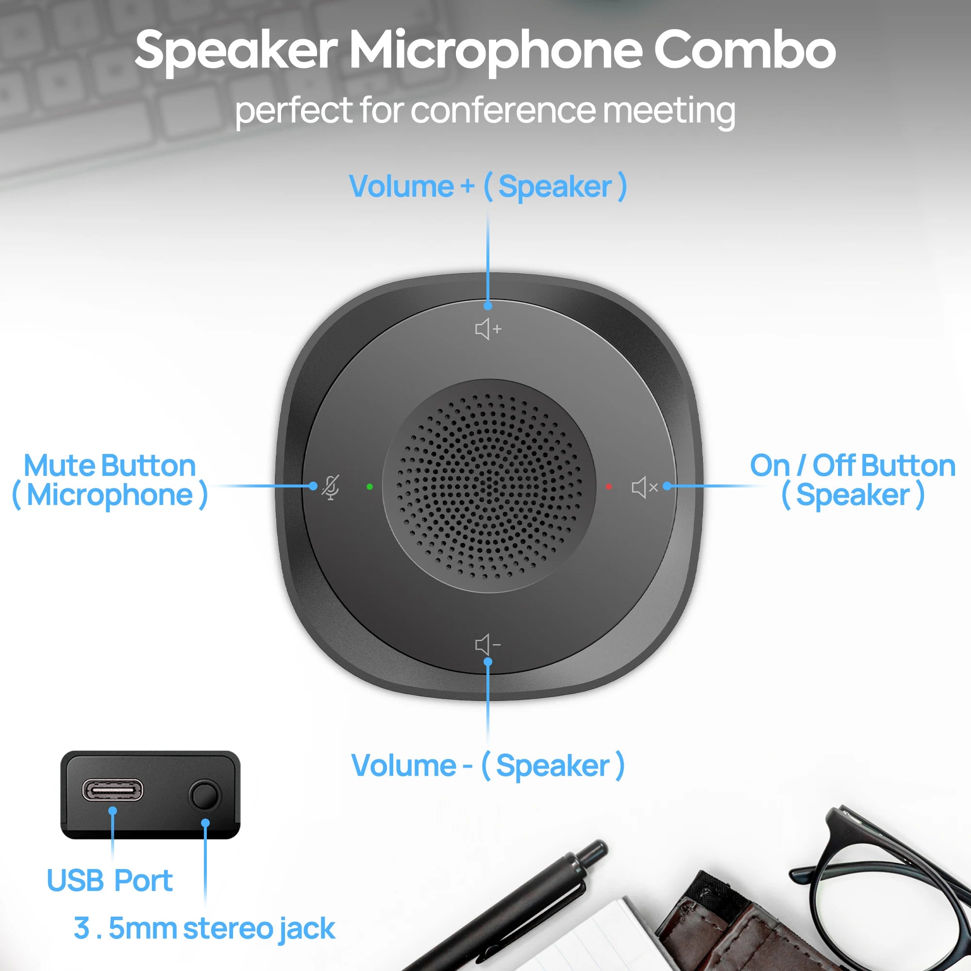 JOUNIVO USB Conference Speaker Microphone — Omnidirectional Wired Mic for Laptops