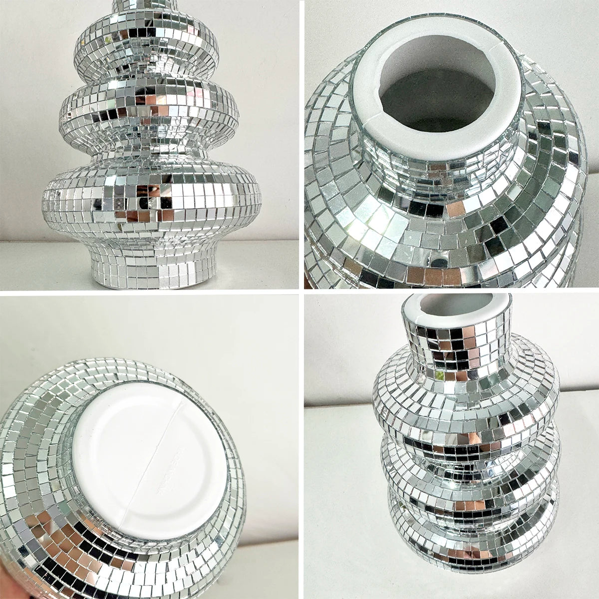 FngJiuyer Tiered Disco Ball Vase — Silver Mirror Mosaic Flower Decor
