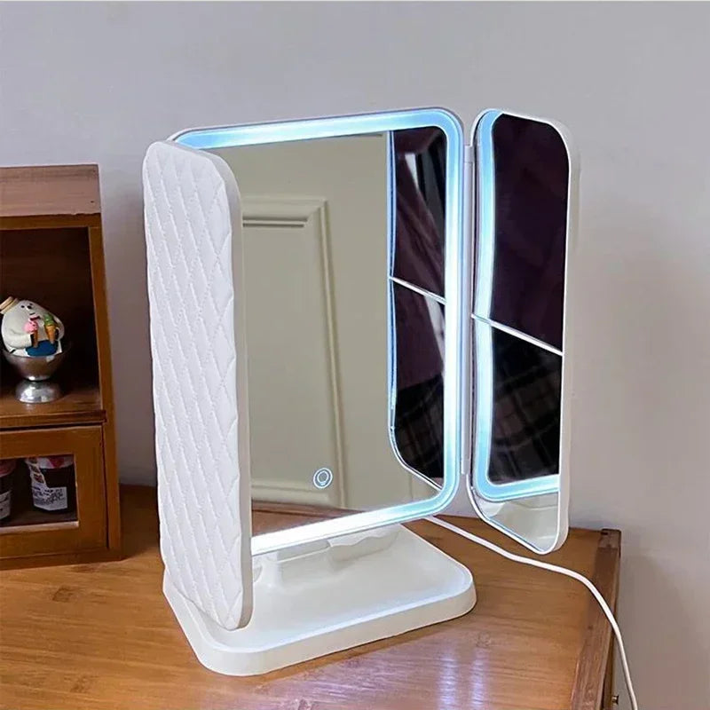 Trifold LED Makeup Mirror — Adjustable Magnification & Three Light Modes