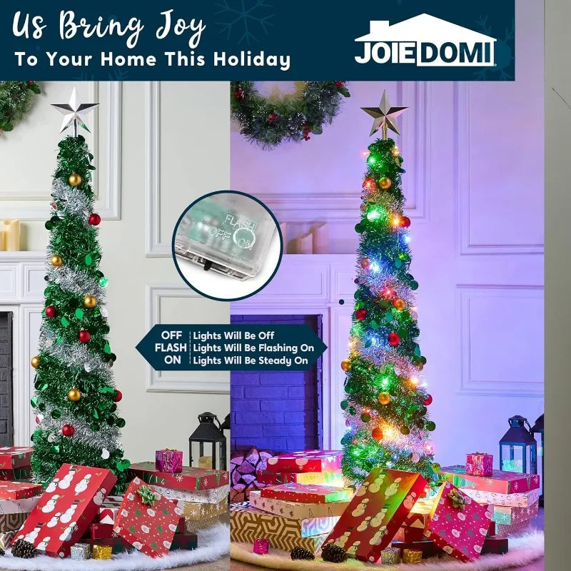 Joyfy 5 FT Tinsel Christmas Tree — Pre-Lit with Multicolor LED Lights