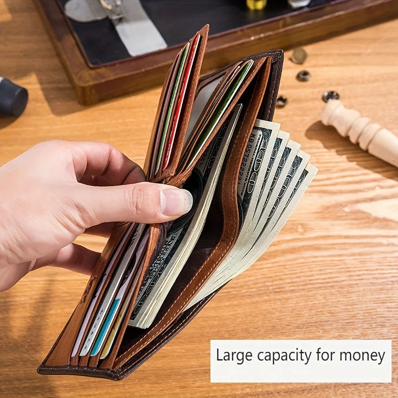 Men's Genuine Leather Bi-Fold Wallet — High-Capacity Business Card Holder