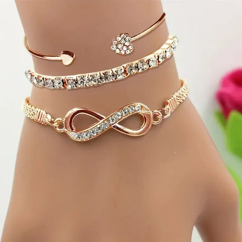 Vintage Crystal Rhinestone Heart Bracelet Set — Adjustable Geometric Bangle Jewelry