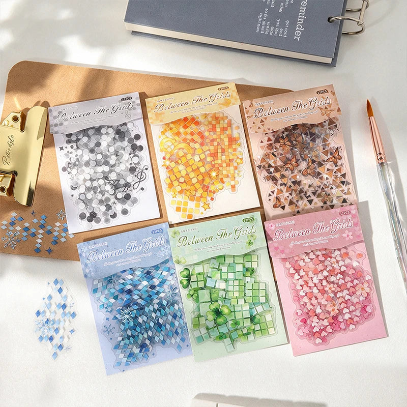 Watercolor Mosaic Grid PET Stickers — Decorative Scrapbooking & Collage Set