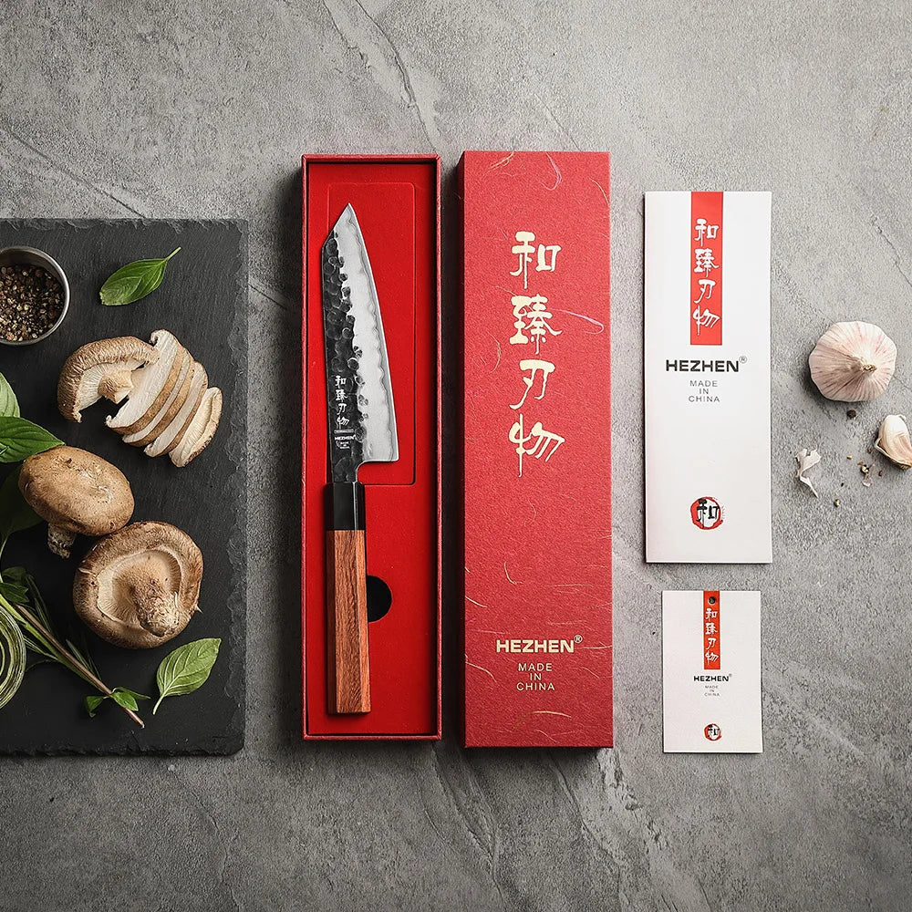 HEZHEN Bunka Knife — 5.8 Inch Professional Chef Knife with Red Wood Handle
