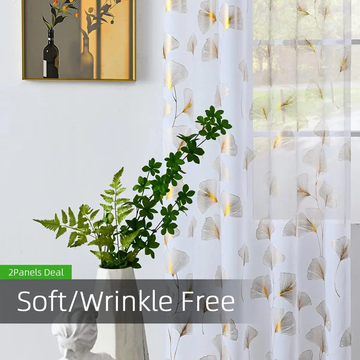 Gold Foil Leaf Print Sheer Voile Curtains — Luxury Metallic Window Drapes