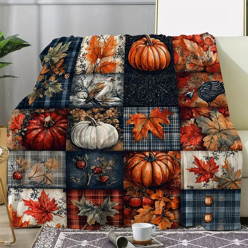 Autumn Harvest Patchwork Throw Blanket — Soft Fleece Fall Decor