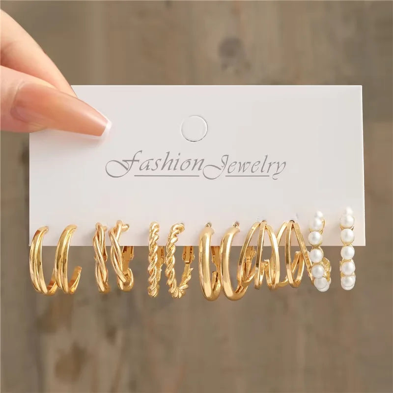 AY Geometric Hoop Earrings Set — Vintage Bohemian Pearl Drop Jewelry