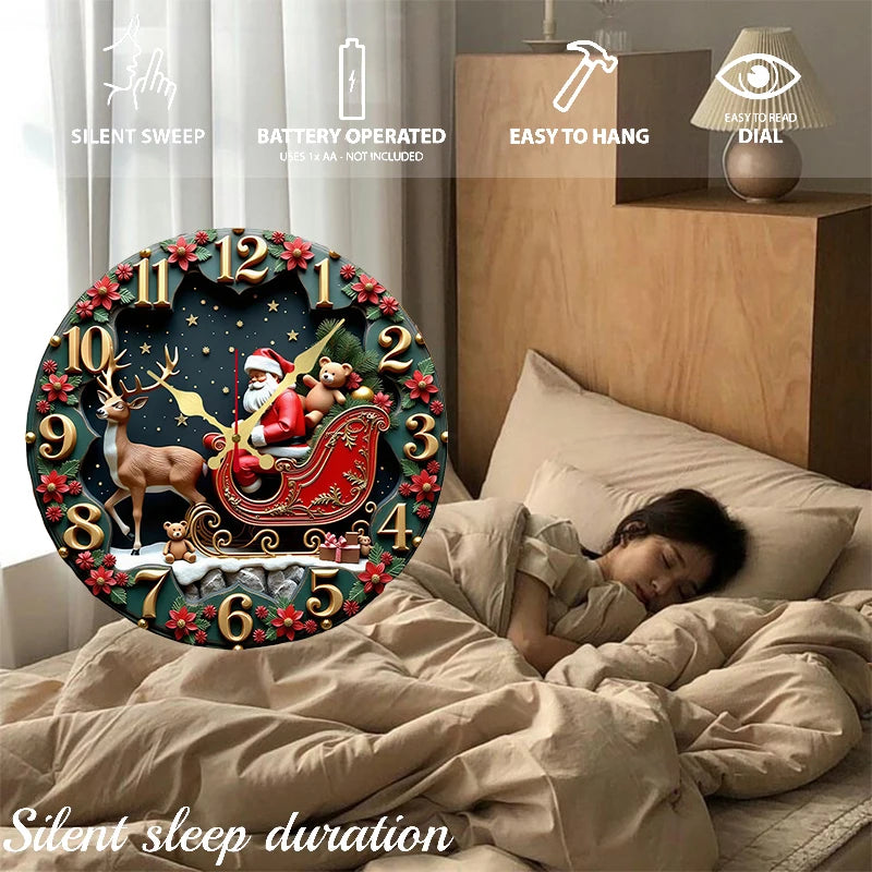 Wooden Santa and Reindeer Wall Clock — Silent Hanging Holiday Decor